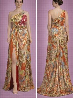 One-Shoulder Multi-Color Animal Print Evening Dress with Sequin Bodice